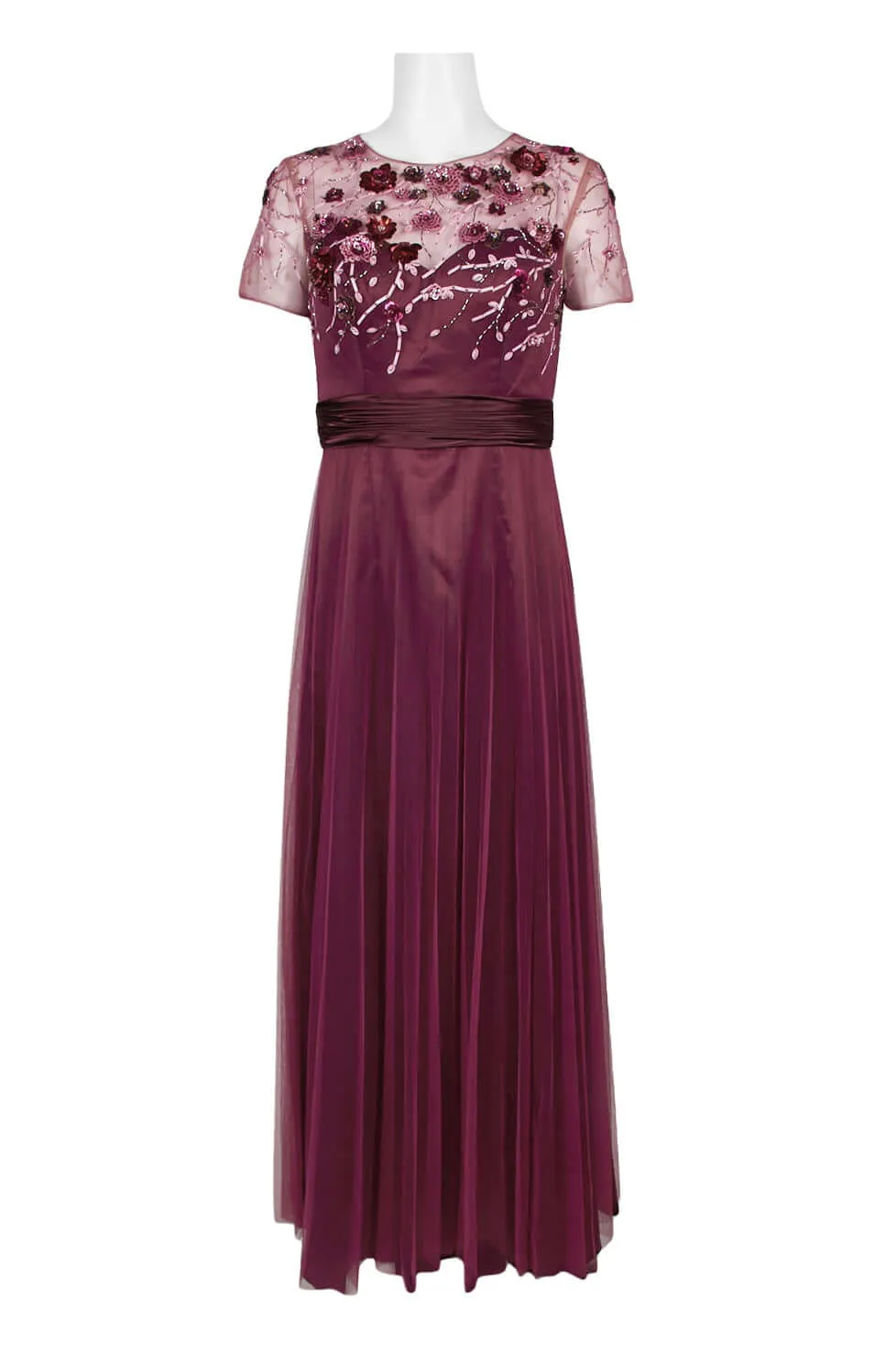 JS Collections Crew Neck Short Sleeve Embellished Bodice Ruched Waist Zipper Back Mesh Gown