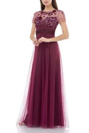 JS Collections Crew Neck Short Sleeve Embellished Bodice Ruched Waist Zipper Back Mesh Gown