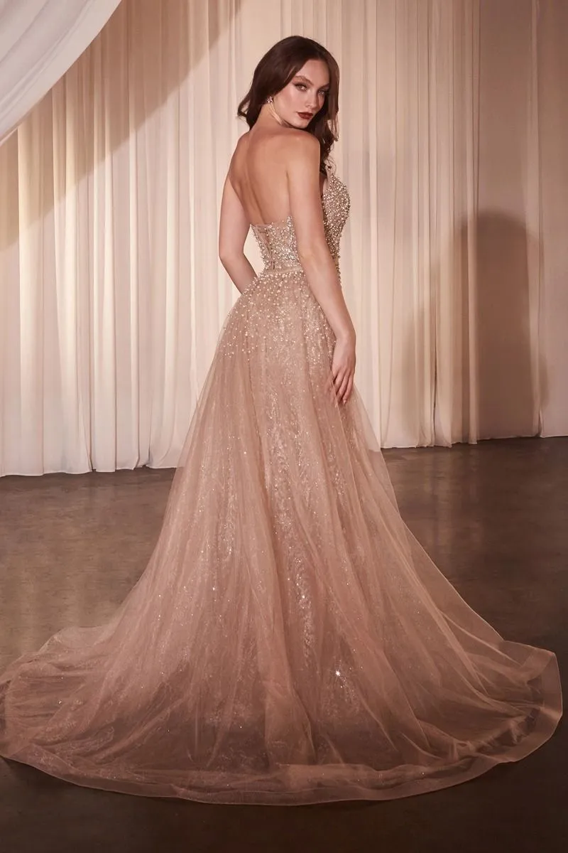 Ladivine CZ0028 Crystal Pearl Fitted Dress Overskirt V Neck Draped Evening Gown Pageant Mother Of