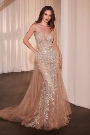 Ladivine CZ0028 Crystal Pearl Fitted Dress Overskirt V Neck Draped Evening Gown Pageant Mother Of