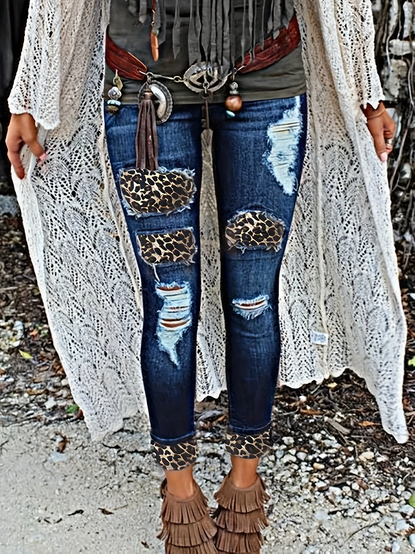 Leopard Print Ripped Patchwork Jeans, Distressed Whiskering Skinny Fit Denim Pants, Women's Denim Jeans & Clothing
