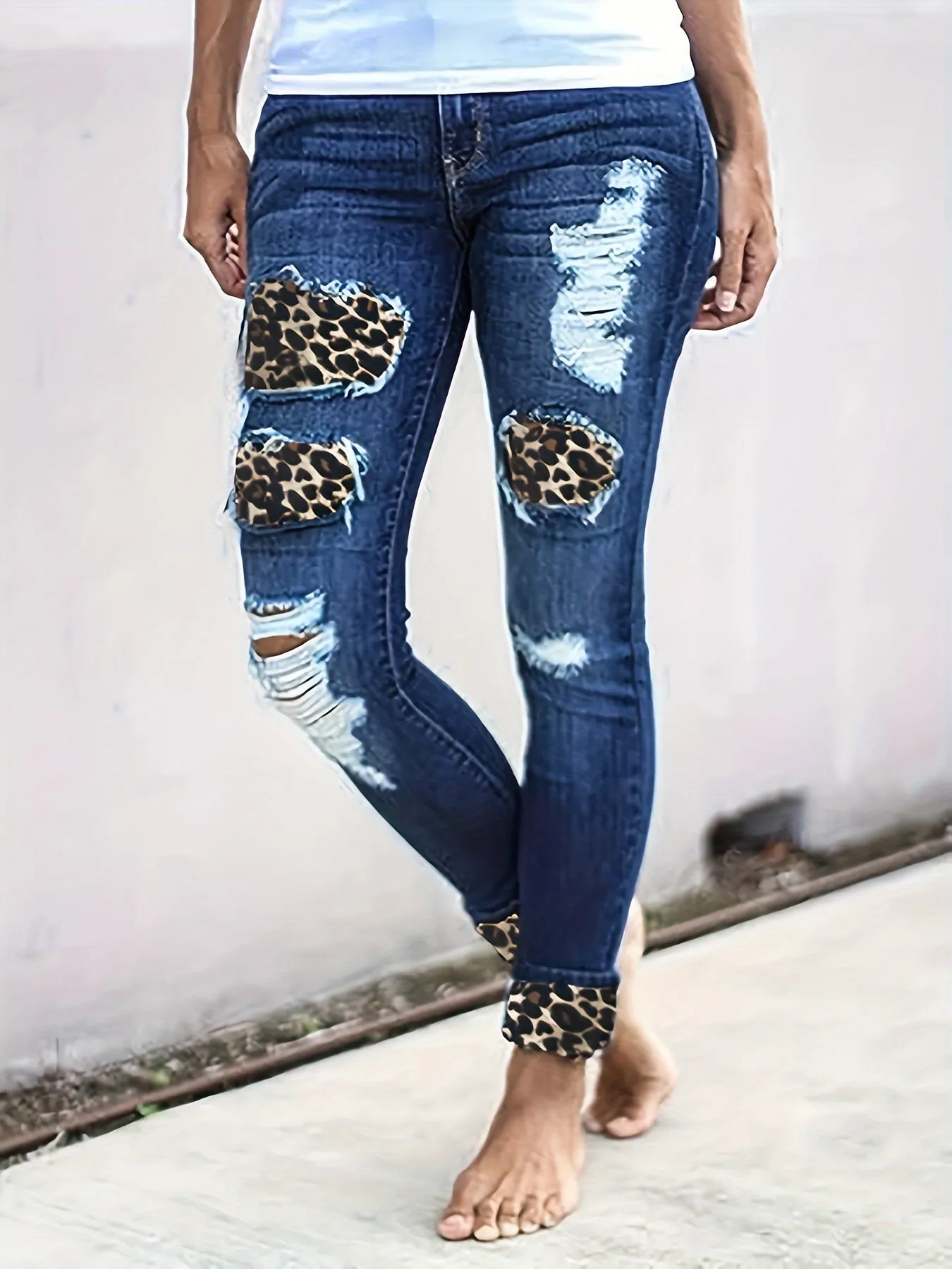 Leopard Print Ripped Patchwork Jeans, Distressed Whiskering Skinny Fit Denim Pants, Women's Denim Jeans & Clothing