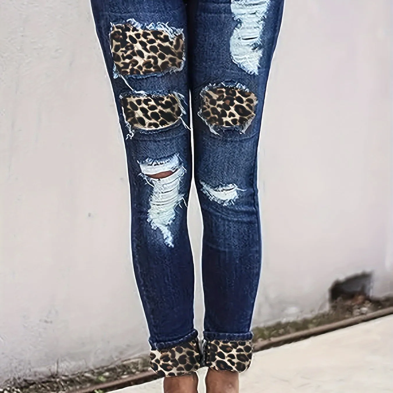 Leopard Print Ripped Patchwork Jeans, Distressed Whiskering Skinny Fit Denim Pants, Women's Denim Jeans & Clothing