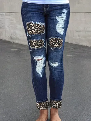 Leopard Print Ripped Patchwork Jeans, Distressed Whiskering Skinny Fit Denim Pants, Women's Denim Jeans & Clothing
