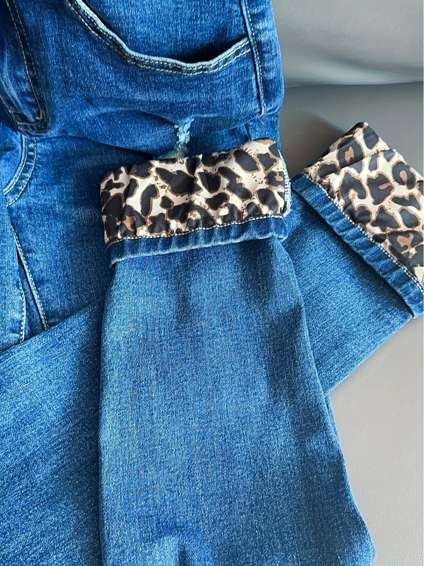 Leopard Print Ripped Patchwork Jeans, Distressed Whiskering Skinny Fit Denim Pants, Women's Denim Jeans & Clothing