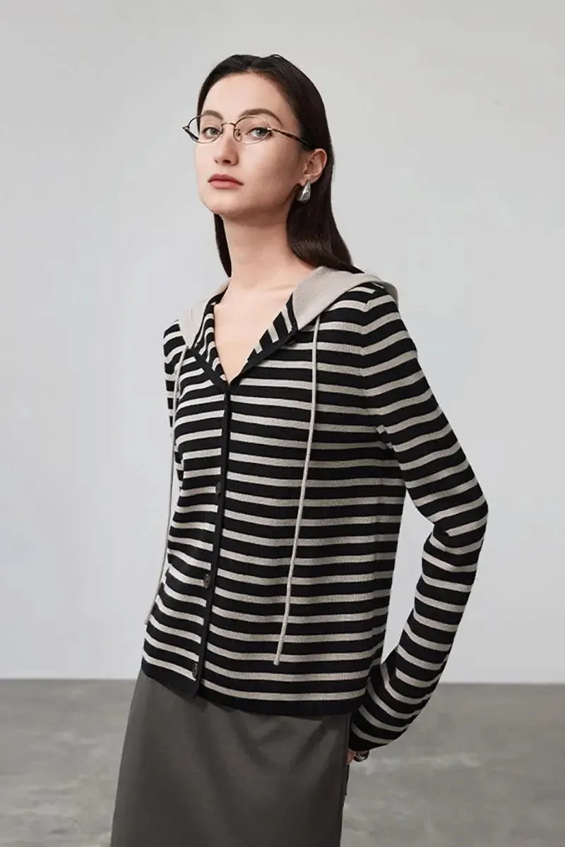 Machine Washable Merino Wool Striped Hooded Cardigan