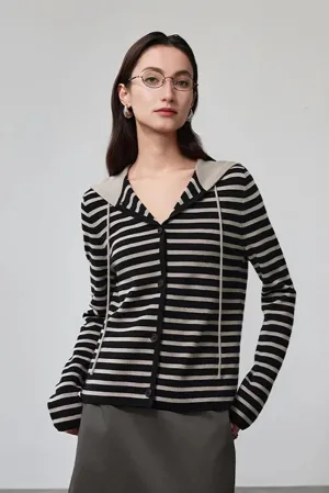 Machine Washable Merino Wool Striped Hooded Cardigan