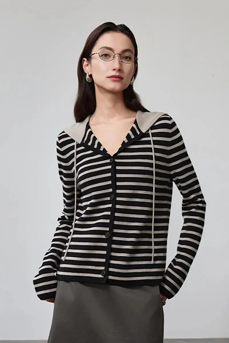 Machine Washable Merino Wool Striped Hooded Cardigan