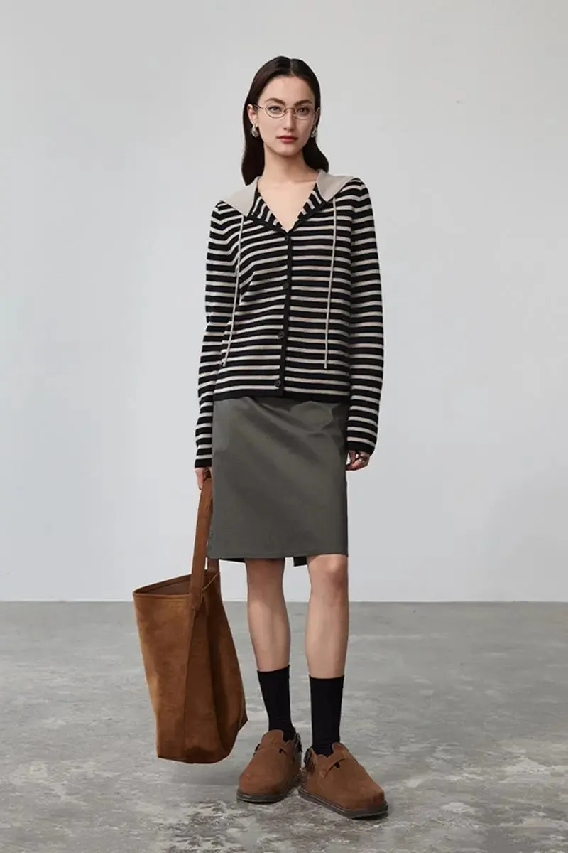 Machine Washable Merino Wool Striped Hooded Cardigan