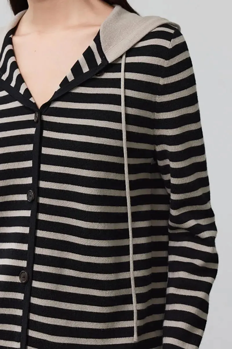 Machine Washable Merino Wool Striped Hooded Cardigan