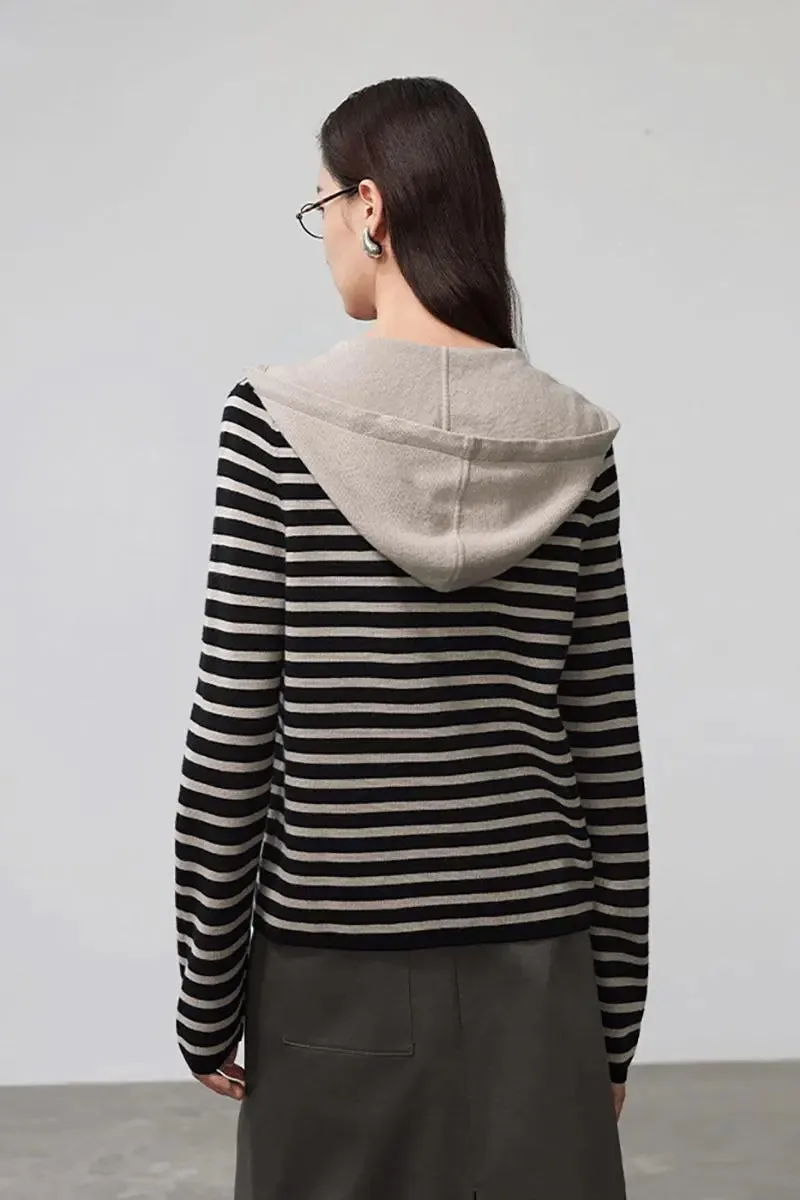 Machine Washable Merino Wool Striped Hooded Cardigan
