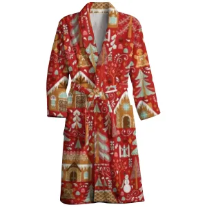 Mens Belt Merry Christmas Red Print Fleece Lounge Robe