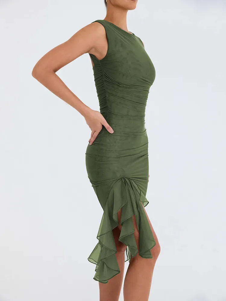 Mermaid Whispers Ruffled Ruched Hem Midi Dress