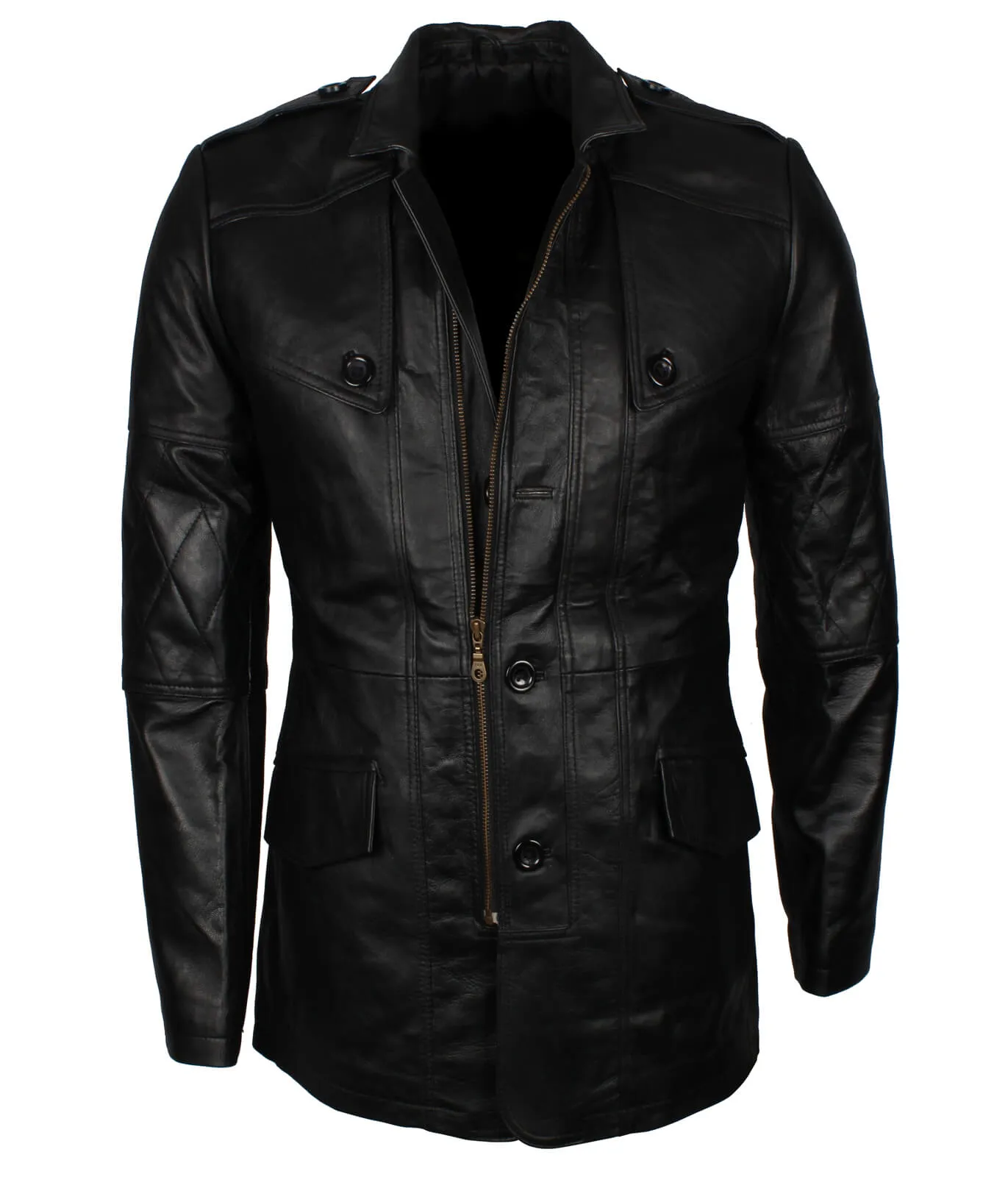 Military Officer Black Leather Coat