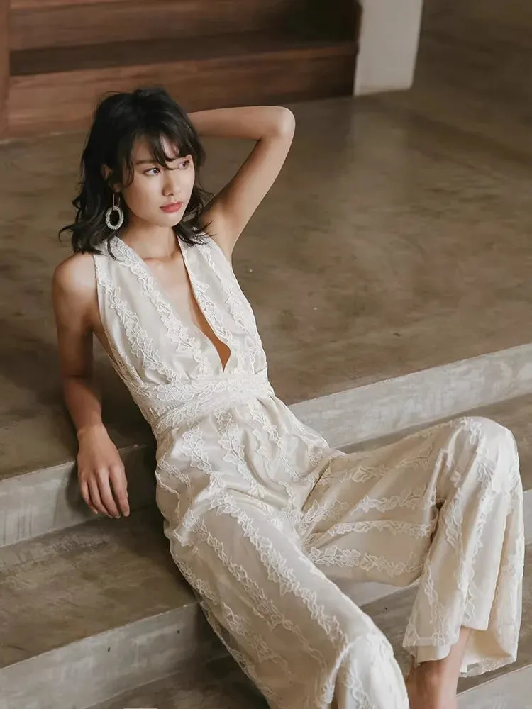 MQTIME  -  Lace Jumpsuit for Women, A V-Neck and Backless Design, Sexy and Slimming, High Waisted, Long Beach Wide Leg Pants