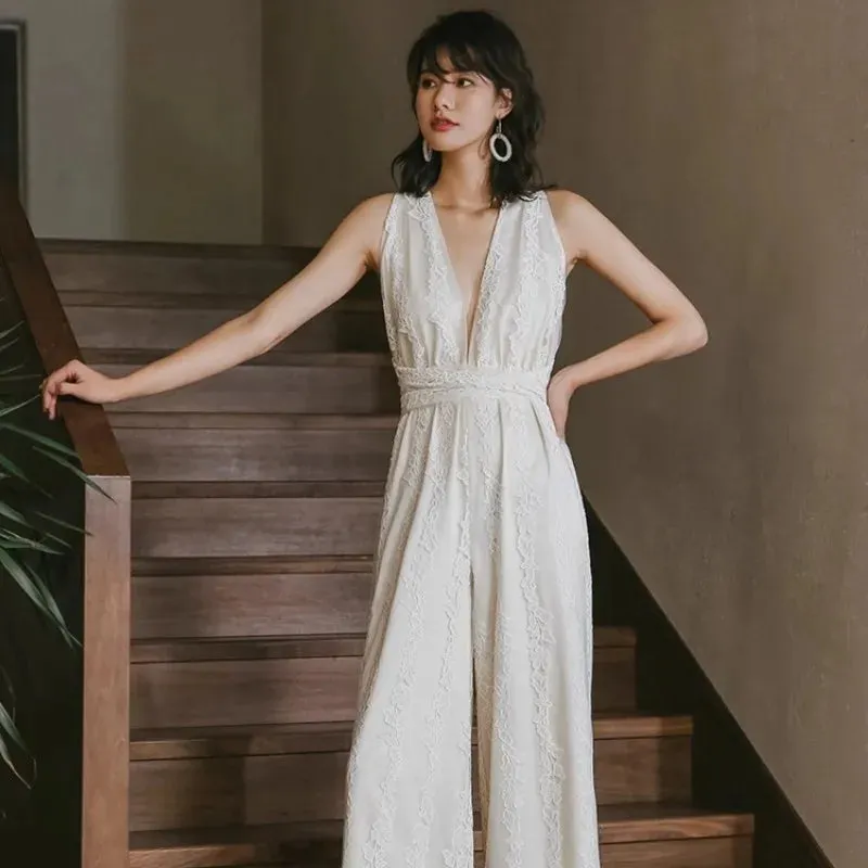 MQTIME  -  Lace Jumpsuit for Women, A V-Neck and Backless Design, Sexy and Slimming, High Waisted, Long Beach Wide Leg Pants