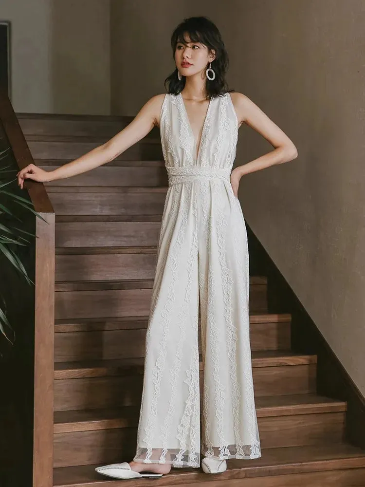 MQTIME  -  Lace Jumpsuit for Women, A V-Neck and Backless Design, Sexy and Slimming, High Waisted, Long Beach Wide Leg Pants