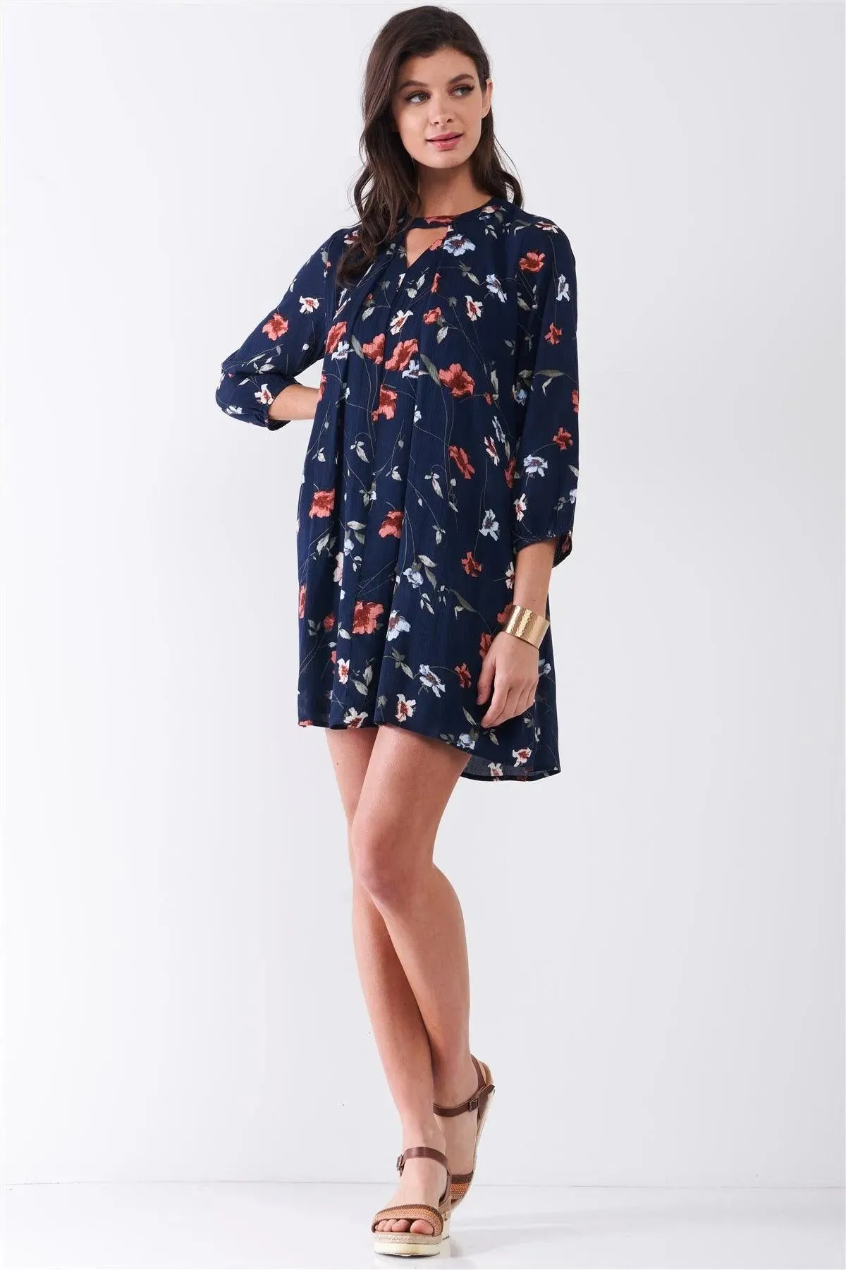 Navy Multicolor Floral Print Long Sleeve Pleated Front V-Neck Loose Mini Dress /2-2-1