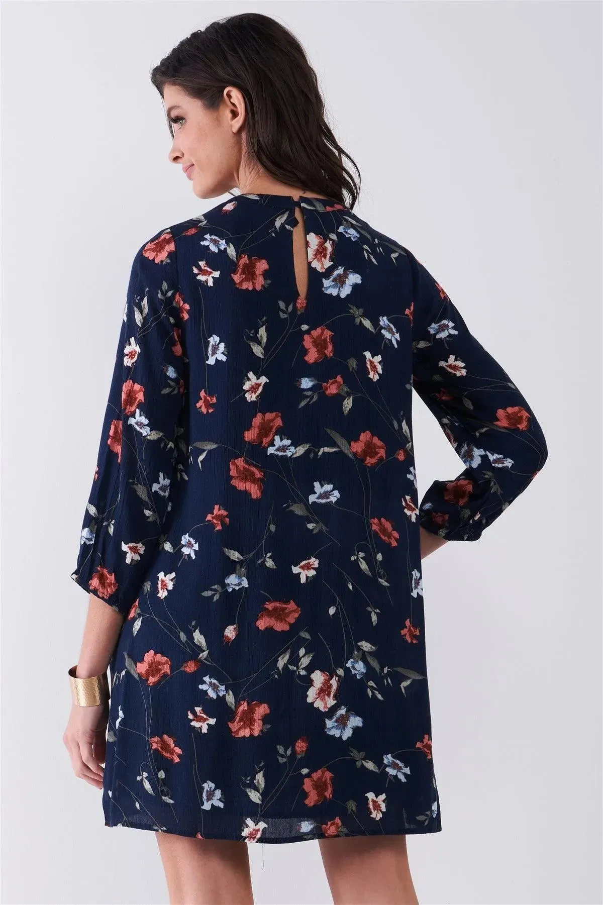 Navy Multicolor Floral Print Long Sleeve Pleated Front V-Neck Loose Mini Dress /2-2-1