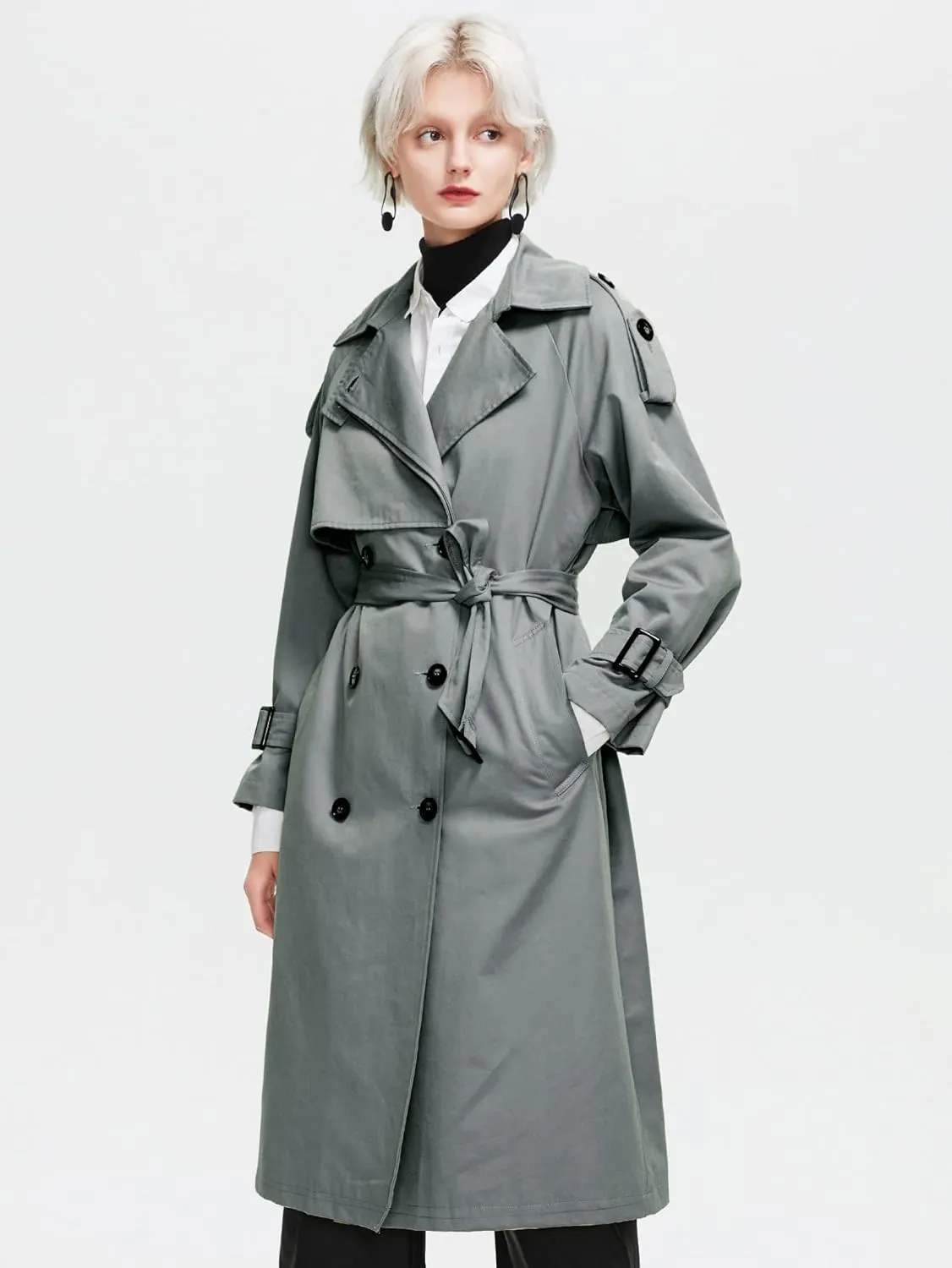 New Retails $194  Jackets for Women Women's Jacket Buckle Strap Double Breasted Trench Coat Jackets (Color : Dark Grey, Size : Large)
