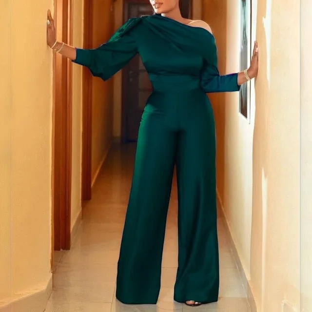 Off Shoulder High Waisted Wide Leg Jumpsuit