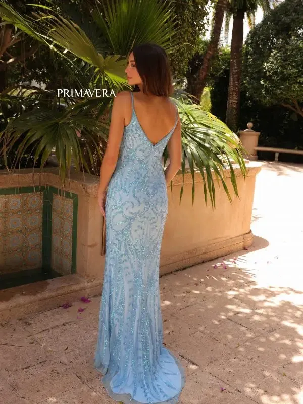 Primavera Couture 3793 Sequin Prom Dress Long V Neckline Fitted Sweeping Train
