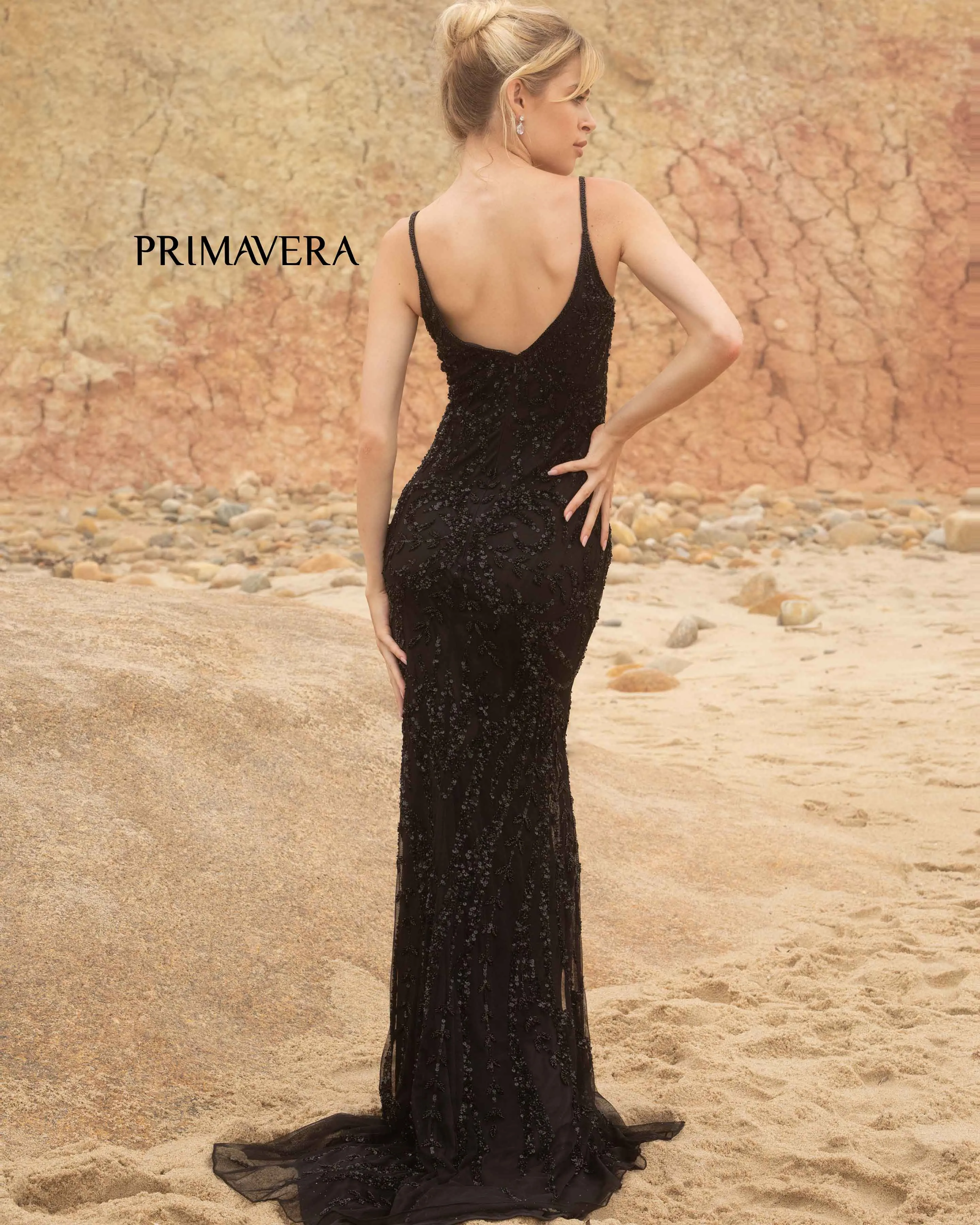 Primavera Couture 3793 Sequin Prom Dress Long V Neckline Fitted Sweeping Train