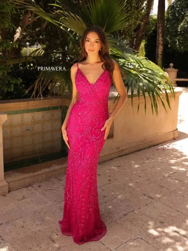 Primavera Couture 3793 Sequin Prom Dress Long V Neckline Fitted Sweeping Train