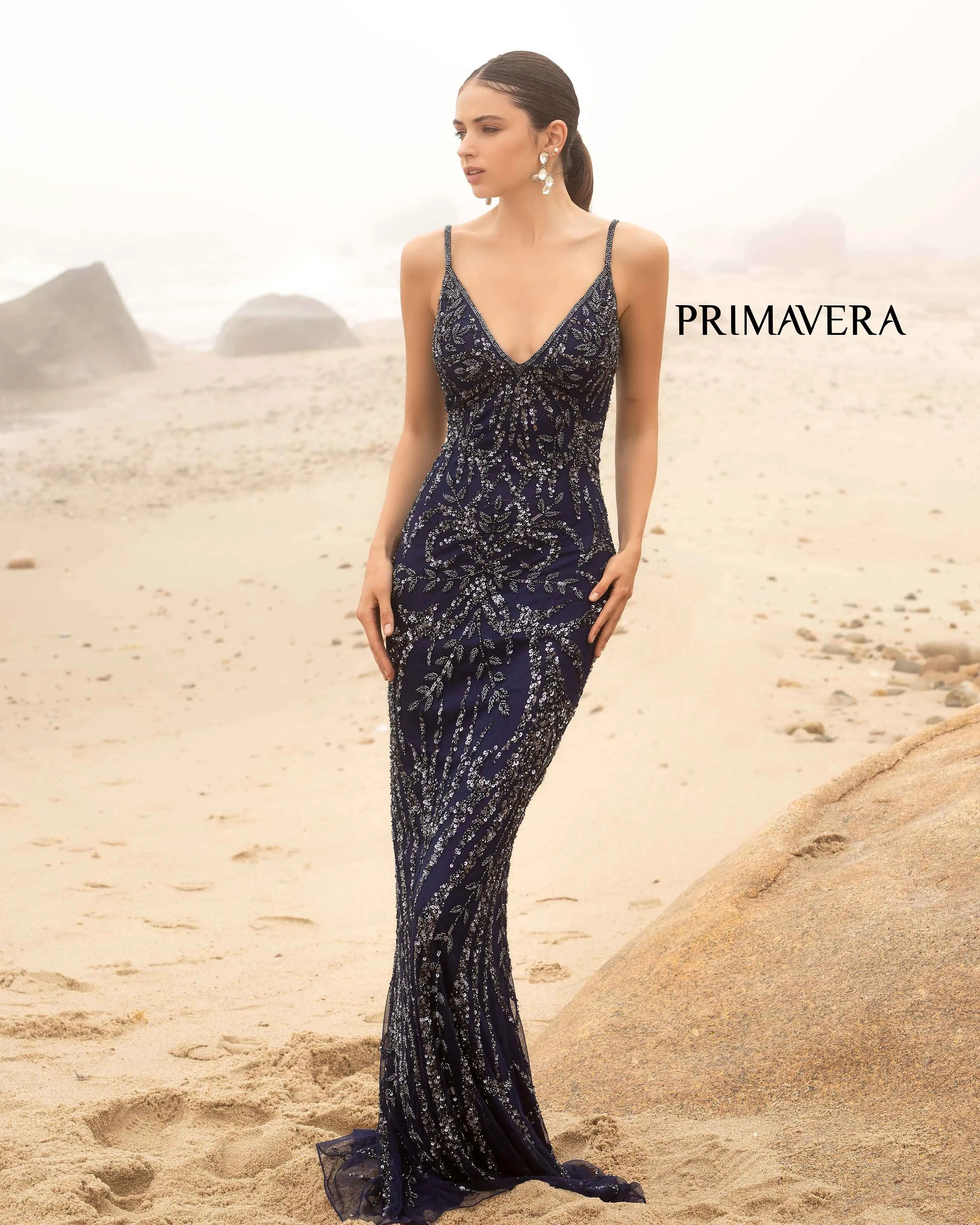 Primavera Couture 3793 Sequin Prom Dress Long V Neckline Fitted Sweeping Train