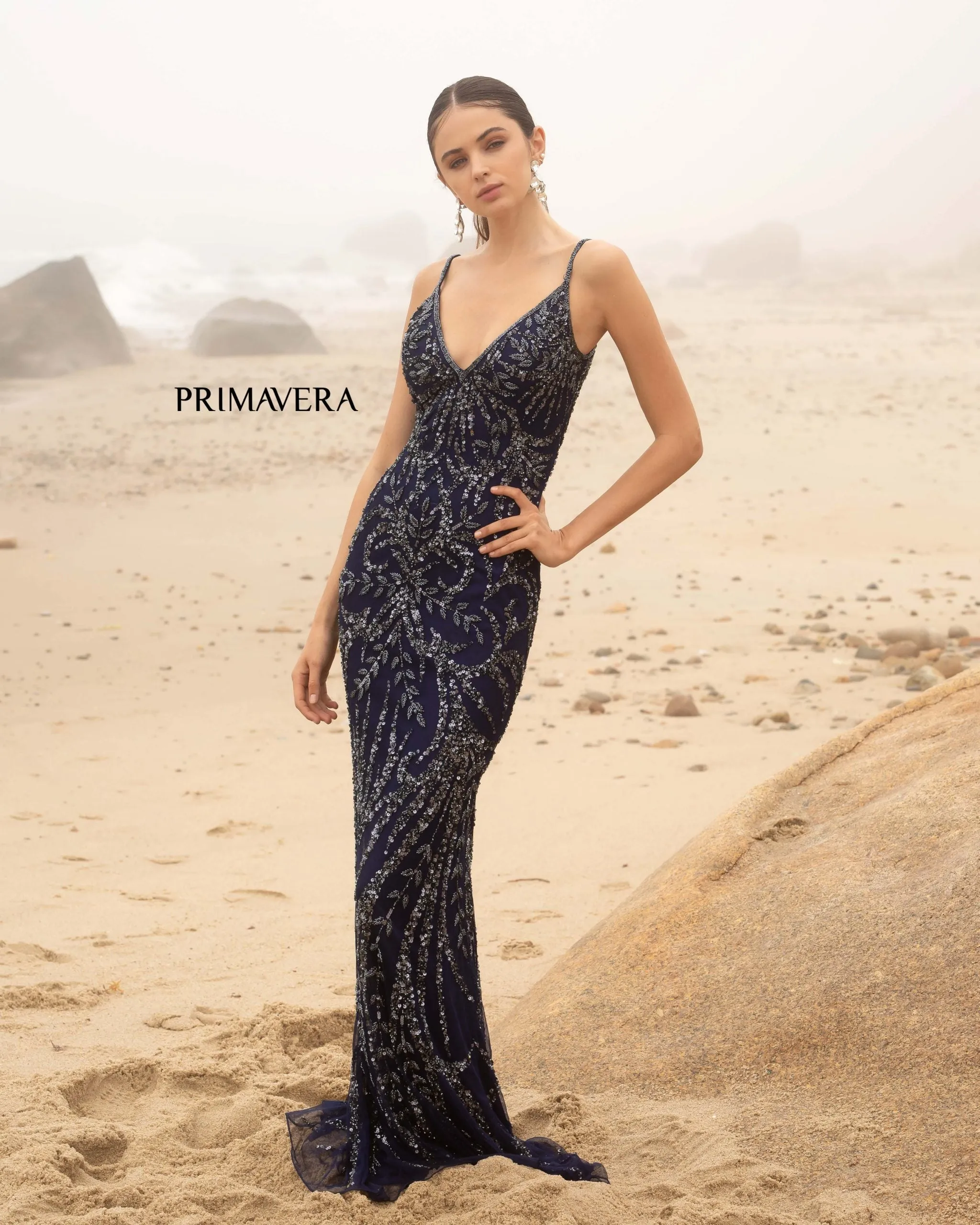 Primavera Couture 3793 Sequin Prom Dress Long V Neckline Fitted Sweeping Train
