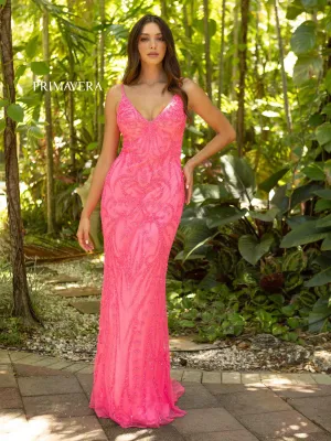 Primavera Couture 3793 Sequin Prom Dress Long V Neckline Fitted Sweeping Train