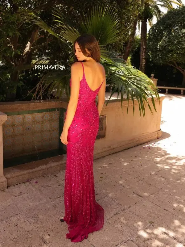 Primavera Couture 3793 Sequin Prom Dress Long V Neckline Fitted Sweeping Train