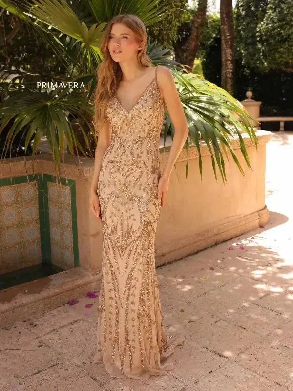 Primavera Couture 3793 Sequin Prom Dress Long V Neckline Fitted Sweeping Train