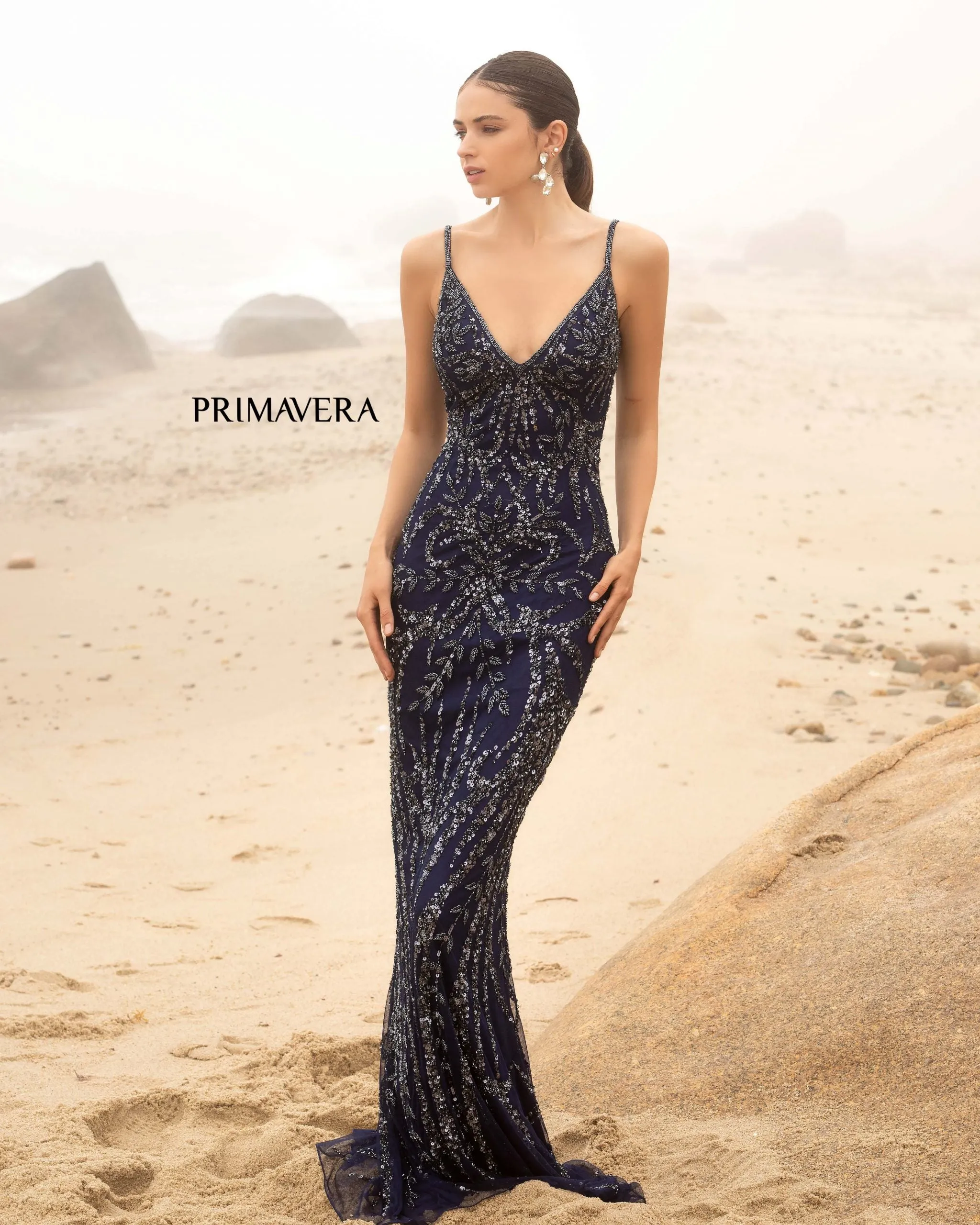 Primavera Couture 3793 Sequin Prom Dress Long V Neckline Fitted Sweeping Train