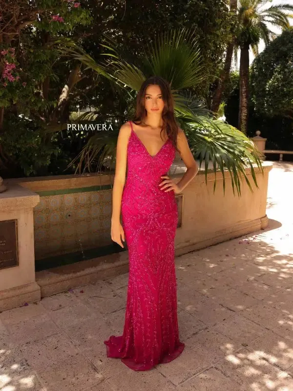 Primavera Couture 3793 Sequin Prom Dress Long V Neckline Fitted Sweeping Train