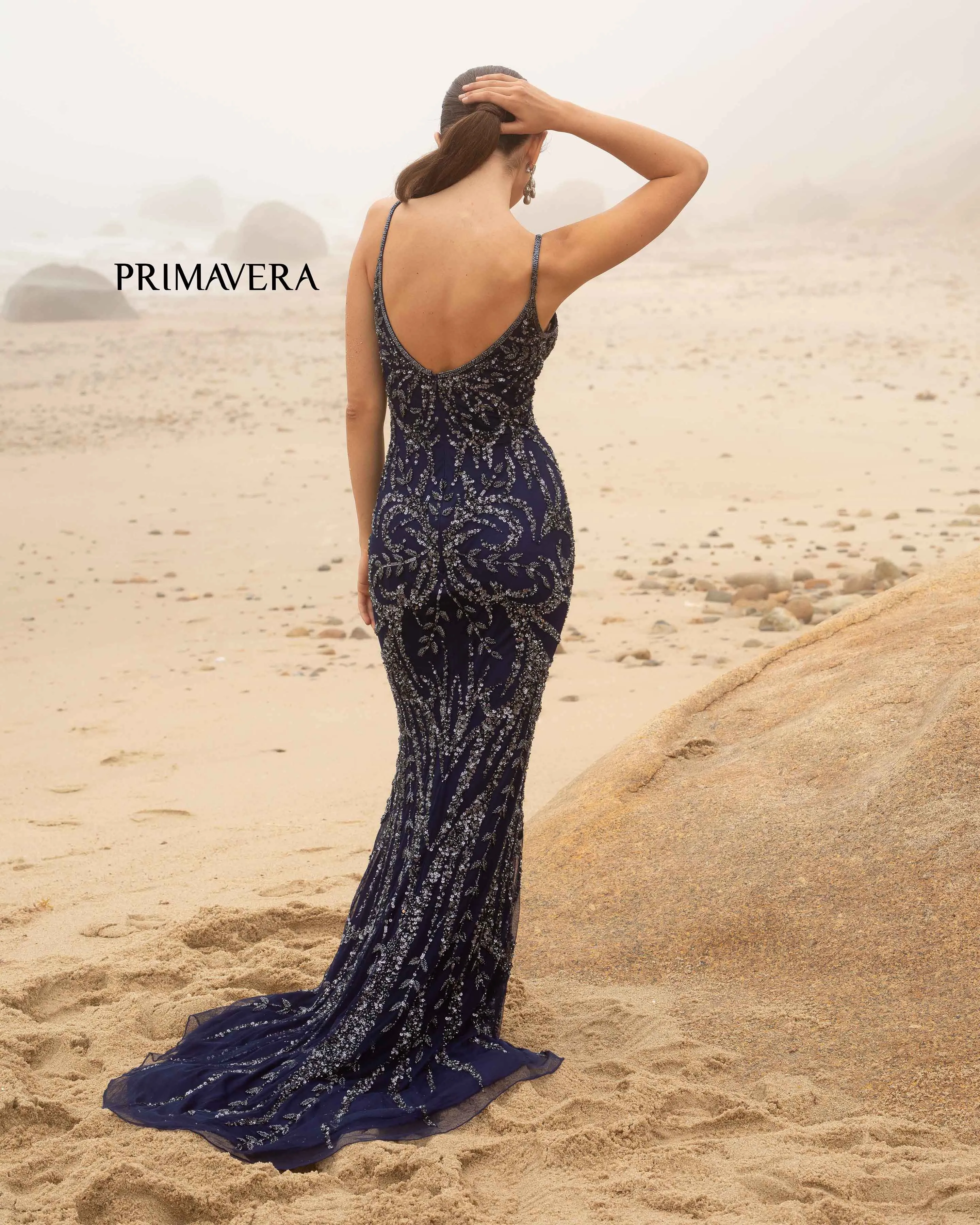 Primavera Couture 3793 Sequin Prom Dress Long V Neckline Fitted Sweeping Train