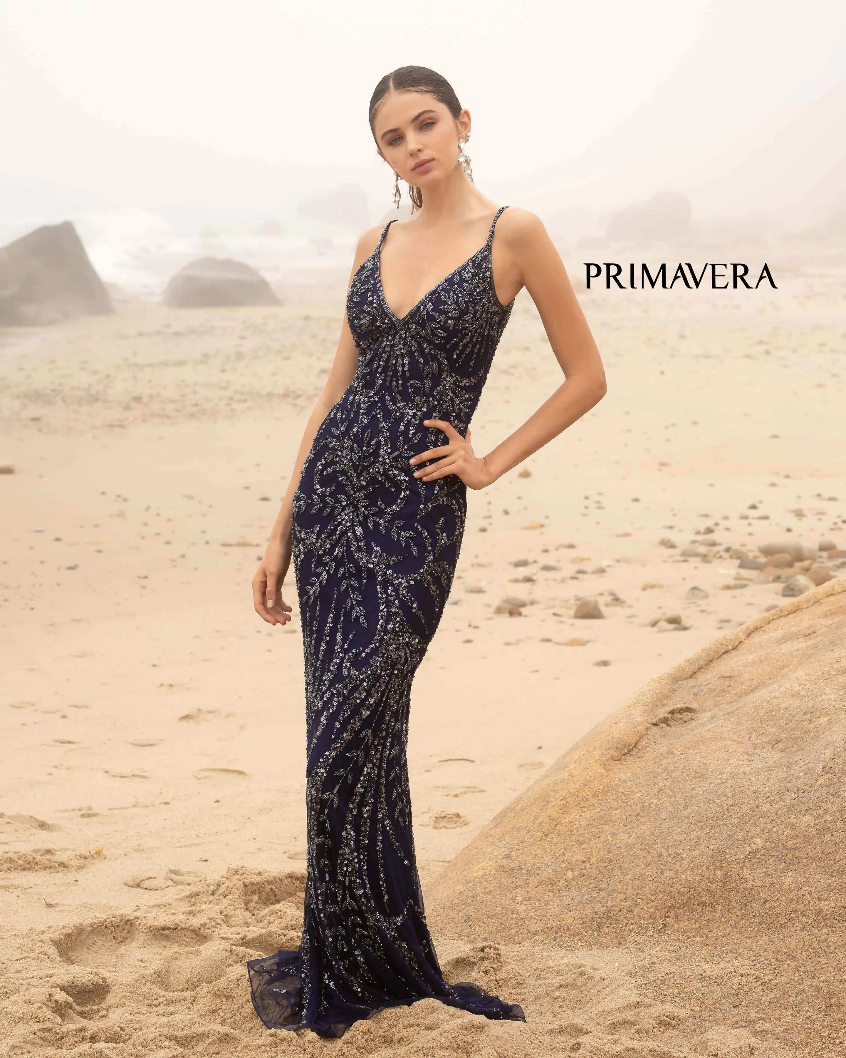 Primavera Couture 3793 Sequin Prom Dress Long V Neckline Fitted Sweeping Train