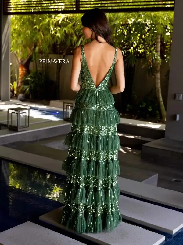 Primavera Couture 4142 Size 4 Pink Long Prom Dress Sequin Fitted High Slit Open Low Back Layered Ruffle Formal Pageant Gown