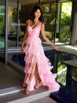 Primavera Couture 4142 Size 4 Pink Long Prom Dress Sequin Fitted High Slit Open Low Back Layered Ruffle Formal Pageant Gown