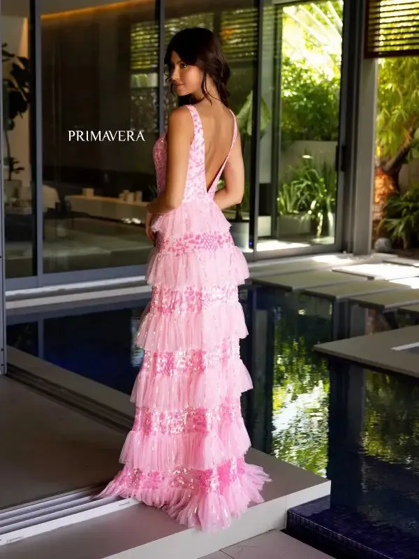 Primavera Couture 4142 Size 4 Pink Long Prom Dress Sequin Fitted High Slit Open Low Back Layered Ruffle Formal Pageant Gown