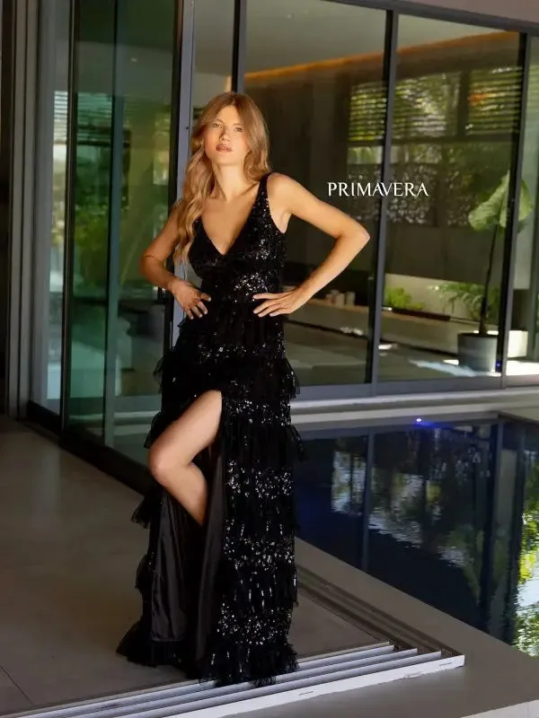 Primavera Couture 4142 Size 4 Pink Long Prom Dress Sequin Fitted High Slit Open Low Back Layered Ruffle Formal Pageant Gown
