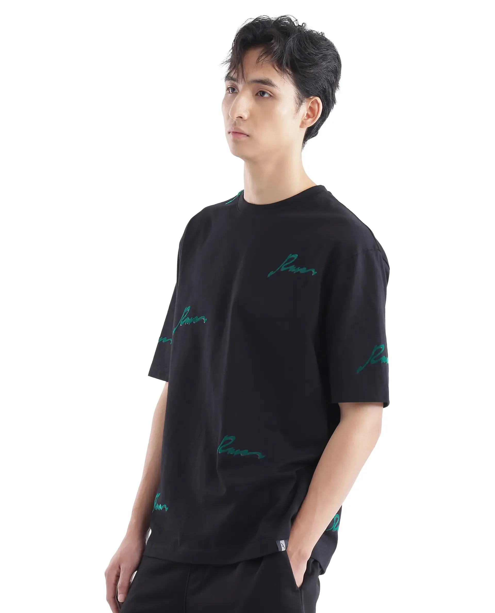 Rare Rabbit Men Erken Black Cotton Fabric Short Sleeve Crew Neck Oversized Fit Graphic Typography Print T-Shirt
