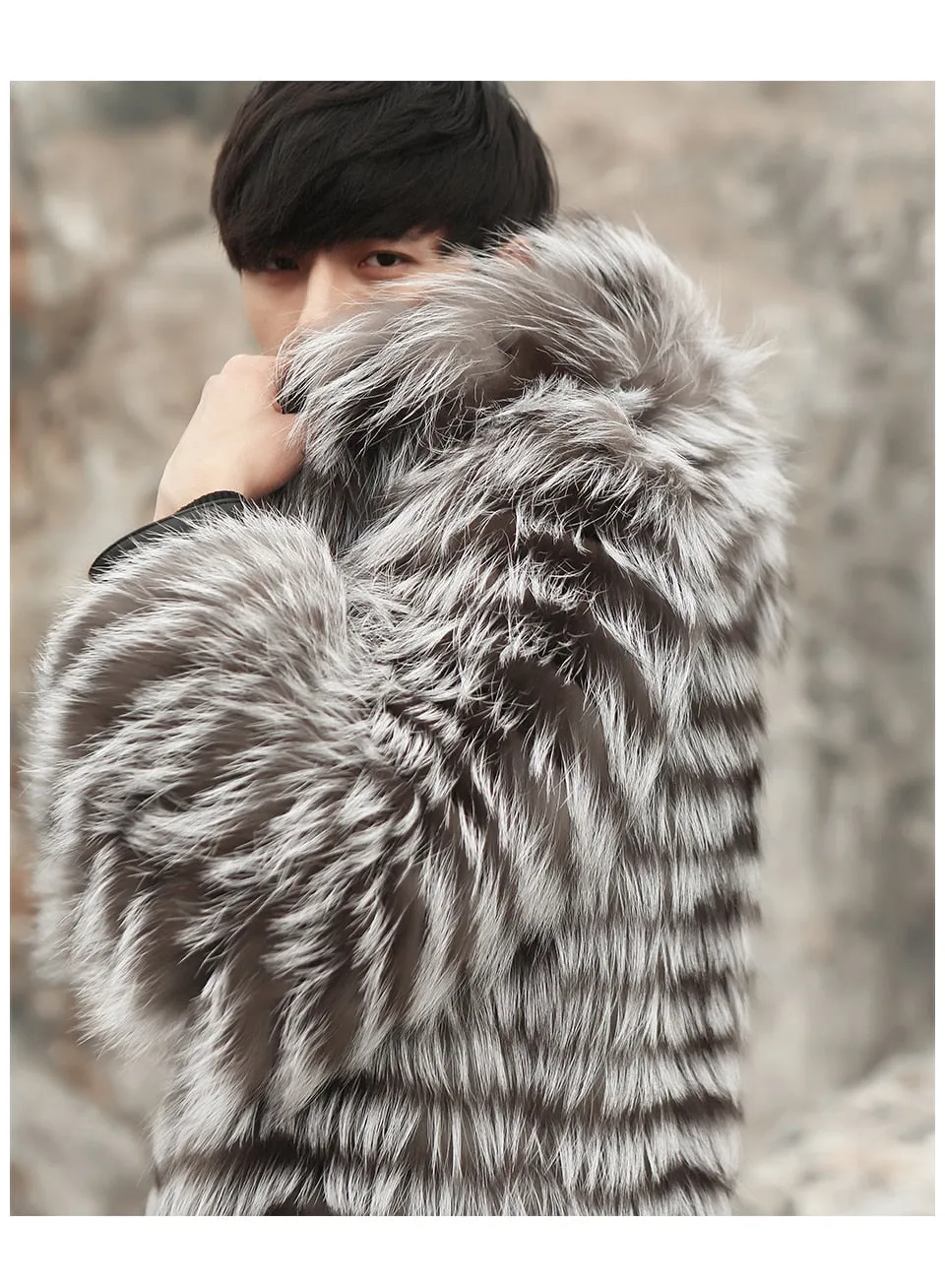 Real Fox Fur Hooded Striped Long Coats