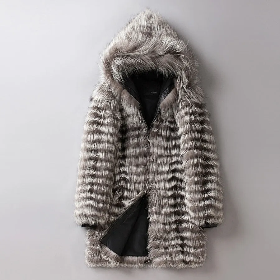 Real Fox Fur Hooded Striped Long Coats