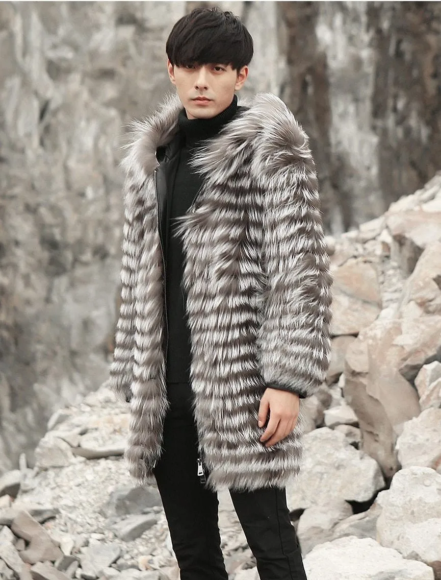 Real Fox Fur Hooded Striped Long Coats