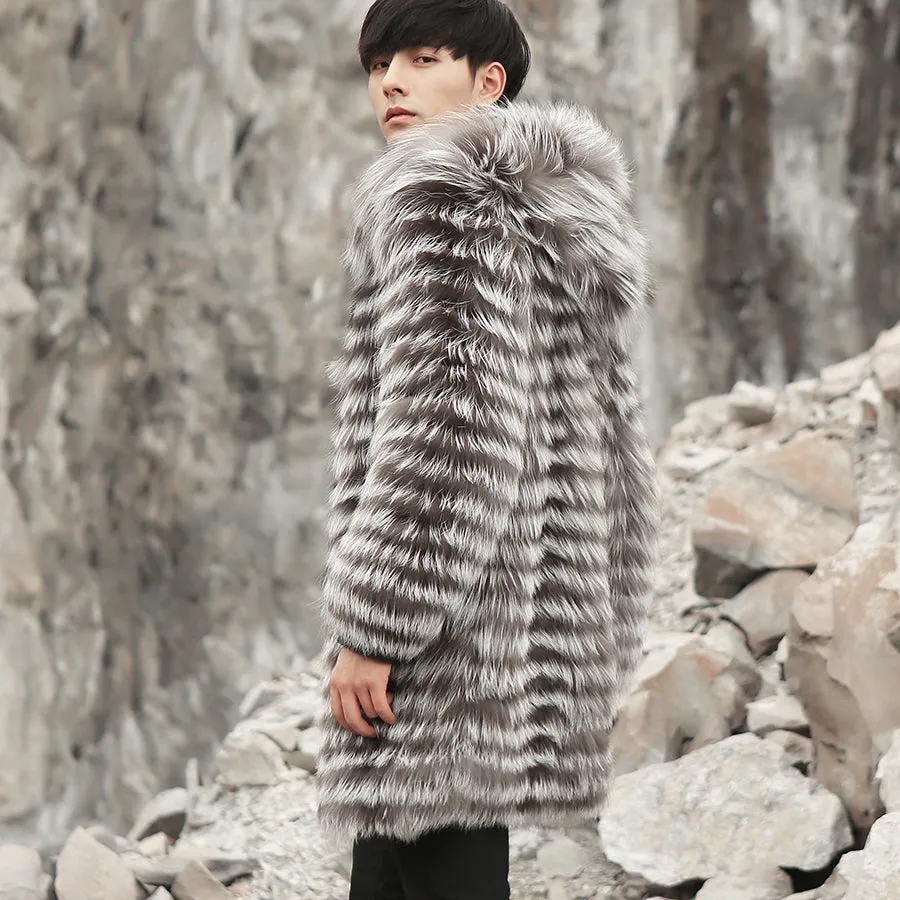 Real Fox Fur Hooded Striped Long Coats