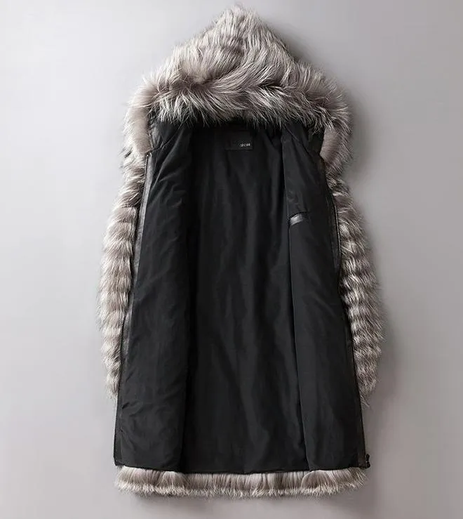 Real Fox Fur Hooded Striped Long Coats