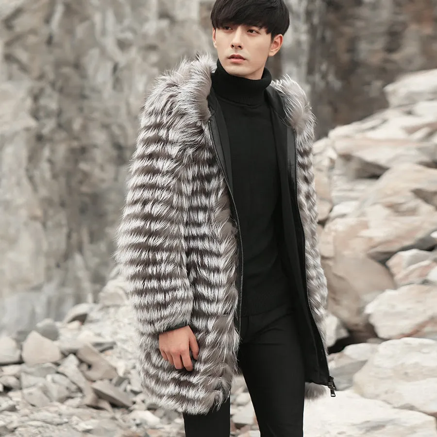 Real Fox Fur Hooded Striped Long Coats