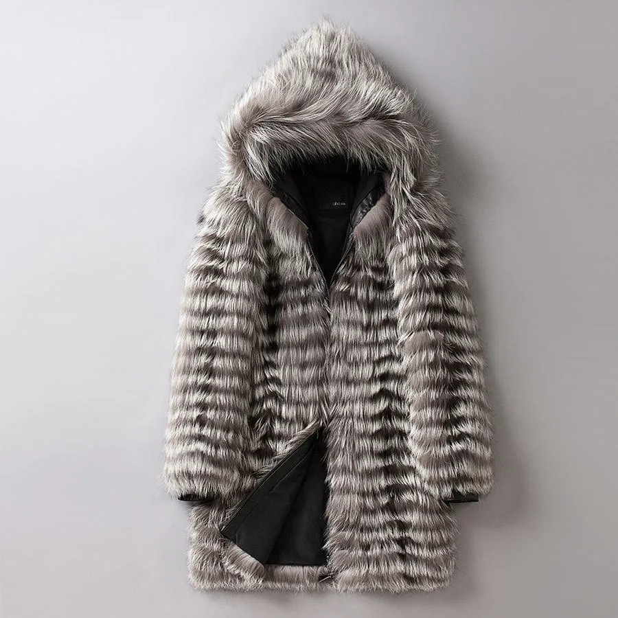 Real Fox Fur Hooded Striped Long Coats