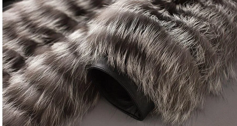 Real Fox Fur Hooded Striped Long Coats